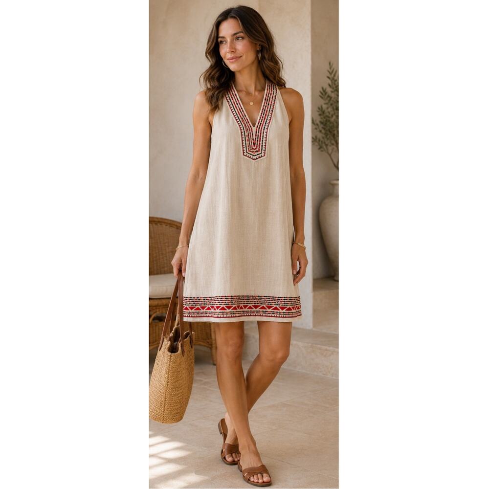 THML Embroidered Cotton Boho Tunic Dress Cream Small